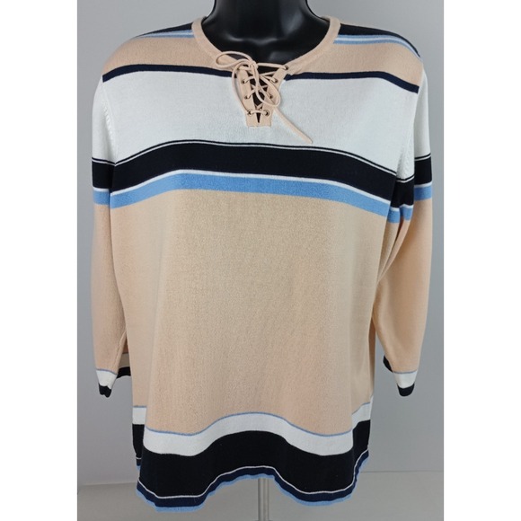 Karen Scott Sweaters - Karen Scott Women's XL Beige Black White Striped 3/4 Sleeve Sweater
